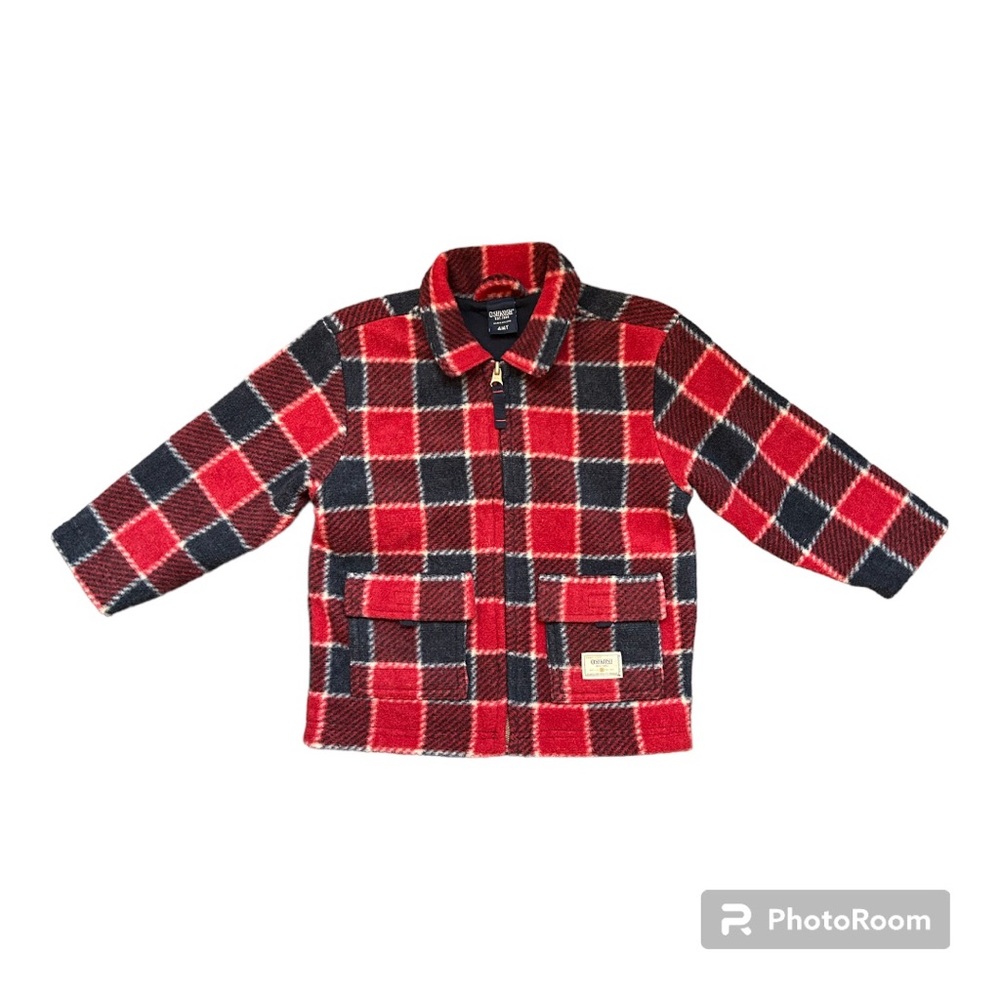 Oshkosh Red and Navy Blue Plaid Fleece Jacket Toddler 4T